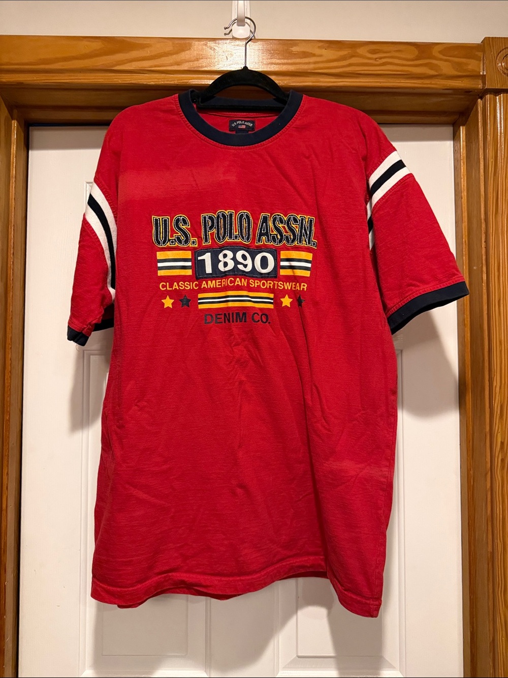 U.S. Polo Assn. Red Short Sleeve Tee with Navy Trim and Yellow Graphic